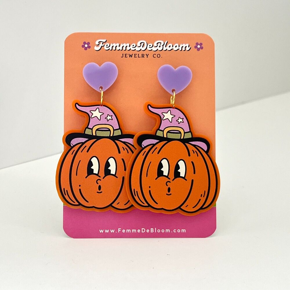 NWT FemmeDeBloom 1930s Rubber Hose Cartoon Pumpkin Acrylic Statement Earrings